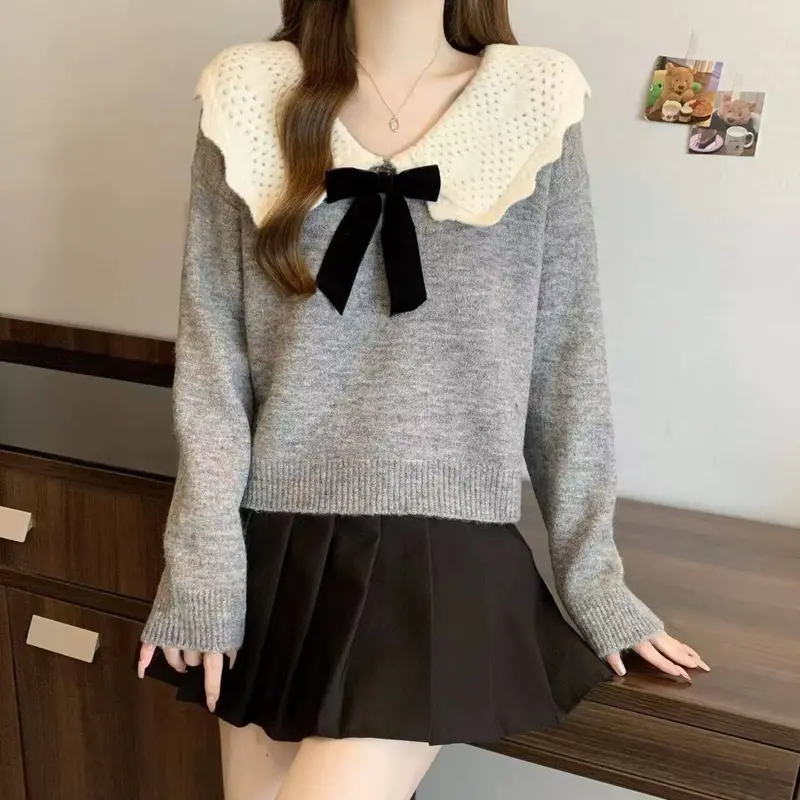 GS - Blouse Rajut Kerah Sailor Variasi Pita Lucu | Baju Lengan Panjang Pakaian Wanita Korean Fashion | Polos Kerah baby Kerah Korea | Rajutwear Knit wear 1