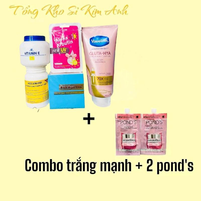  COMBO KEM BODY BẠCH NGỌC LIÊN XANH   BẠCH NGỌC LIÊN XANH + VASELINE HỒNG+ 3C3 VÀNG + VITAMIN E + VĨ ALPHA ARBUTIN UV + 2 POND'S  