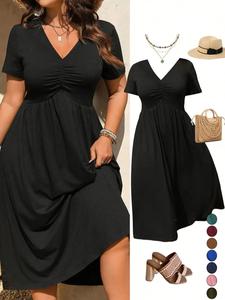 Vestido midi de talla grande con cuello en V y top sujetador fruncido, manga corta, falda evasé casual para verano, ropa de moda para mujer