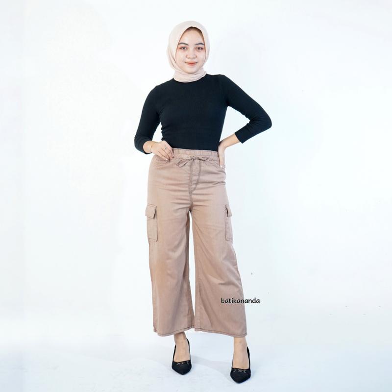 Celana Kulot Cargo Jeans // Celana Cargo wanita Jeans Panjang Harga Grosiran Hitam Karet Loose Cewek 4