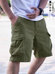 メンズの無地のドローストリングのカーゴショーツ、ゆったりとしたカジュアルなポケットボトムス、夏のメンズ服、メンズウェア