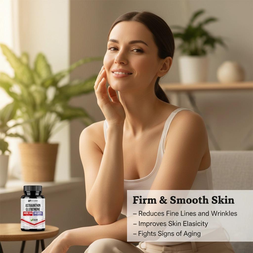 Astaxanthin + Glutathione Spesial Ramadan, Firms skin, fades dark spots, and delays aging. 60 capsules