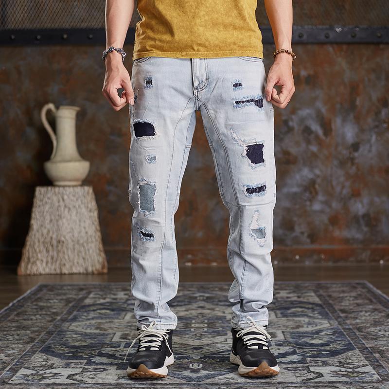 Mã số 108, Quần Jean Nam, Dáng Hơi Suông, Thiết Kế Rách, Màu Xanh Sáng, Denim Co Giãn, Vải Mỏng, Phong Cách Bụi Bặm