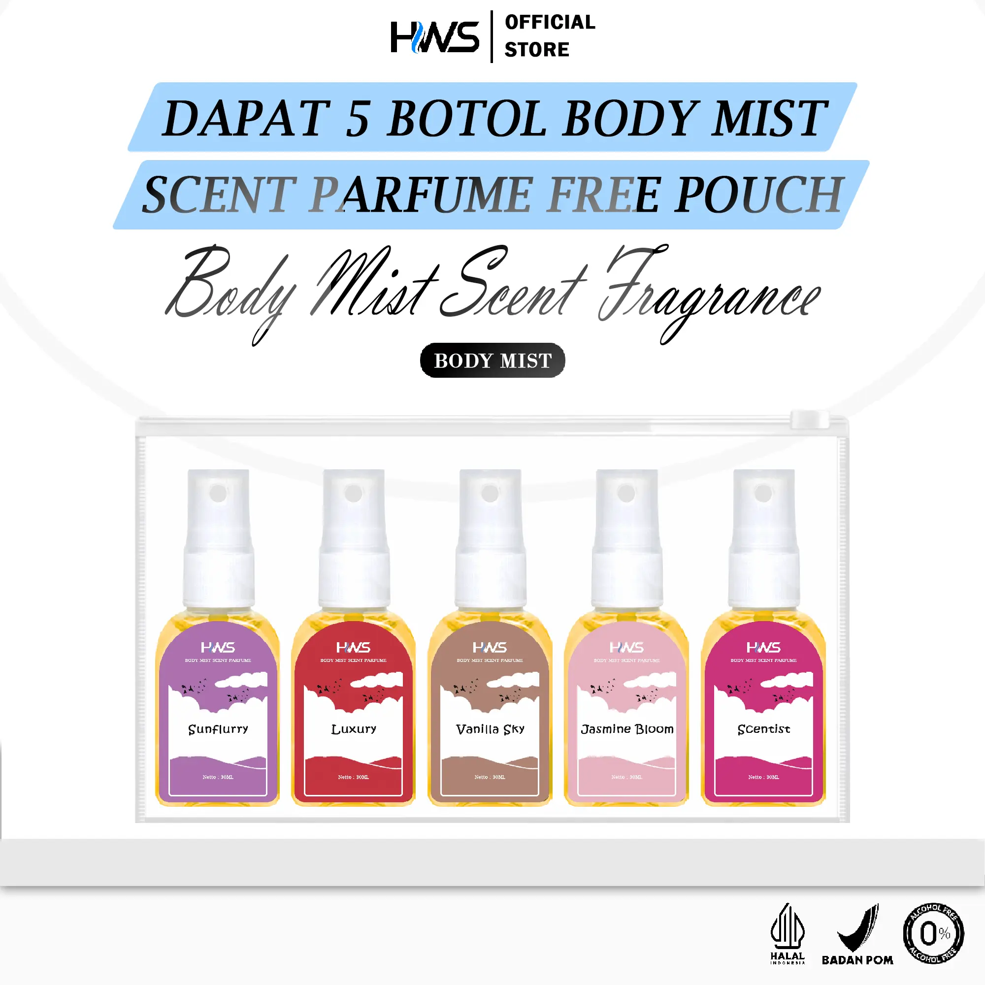 Parfum Body Mist Spray 30ml Dapat 5 Botol Free Pouch Aroma Fresh Soft Elegant Melembutkan Badan
