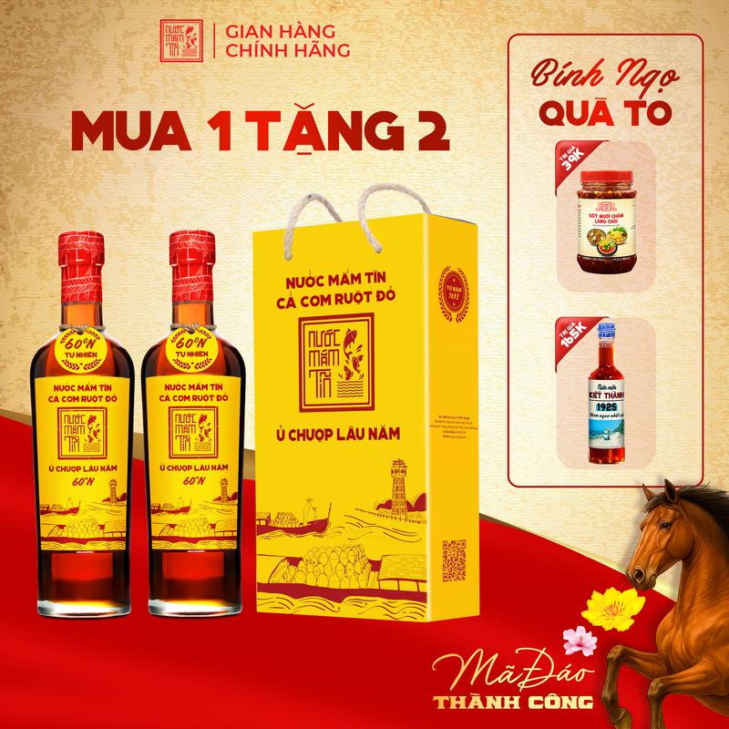 Tặng Kiết Thành và Sốt muối chấm Hộp 2 chai 60N 500ml Nước Mắm Tĩn Cá Cơm Ruột Đỏ Độ Đạm 60N Chai Thuỷ Tinh 500ml Nước Mắm Truyền Thống