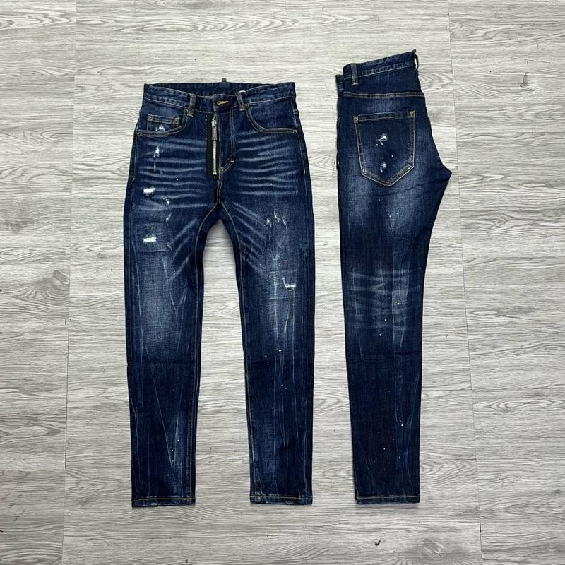 QUẦN JEAN NAM MÃ D2-35 XANH RÁCH KHOÁ LỆCH VẨY SƠN 4 CÚC , BÒ DÀI CAO CẤP , CO DÃN , PHOM ÔM CHÂN DS-Q , Có Túi