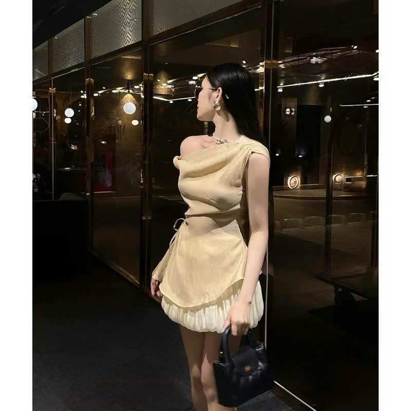 Set áo tơ xốp rút eo kèm chân váy bí có quần bảo hộ - hân Linh shop