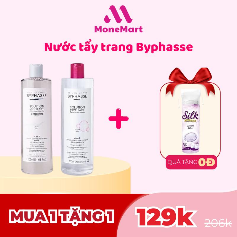 (MUA 1 TẶNG 1) Mua 1 Nước tẩy trang Byphasse mọi loại da 500ml / than hoạt tính Tặng 1 bông tẩy trang Ola Silk 80 miếng, sạch sâu, dưỡng ẩm