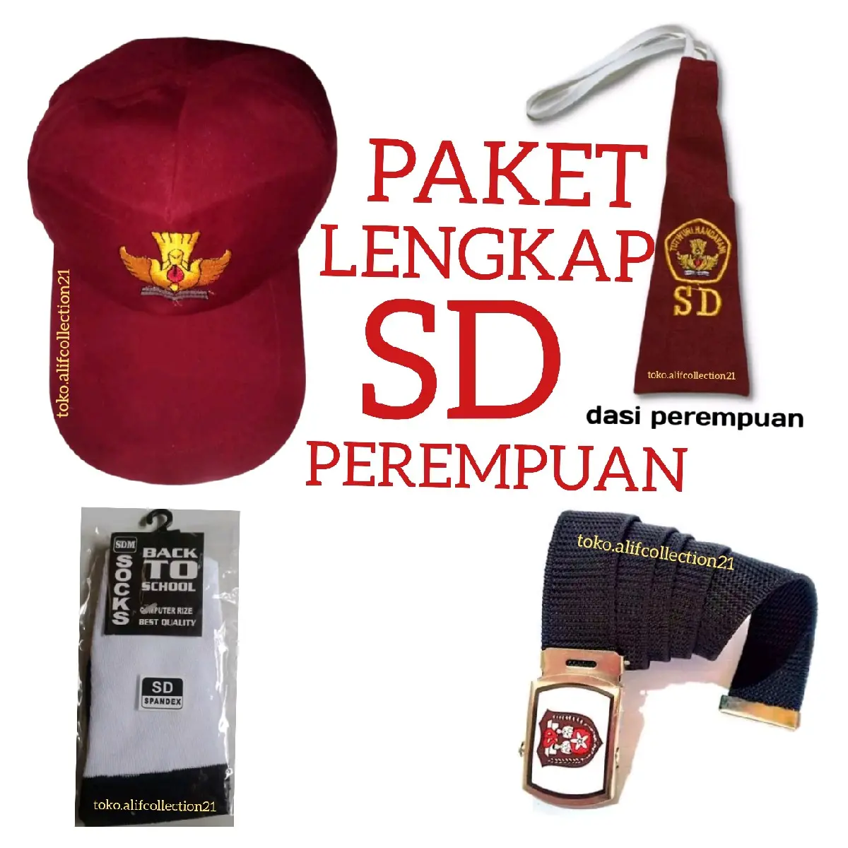 Topi dan dasi sekolah anak sd lengkap gesper dan kaos kaki