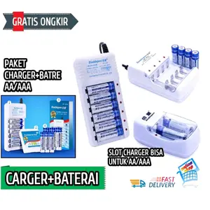 Paket Batu Baterai Batre Cas Charger+Battery LED Isi Ulang AA/AAA Jam Colokan Merah Mic Remote Tv Ac