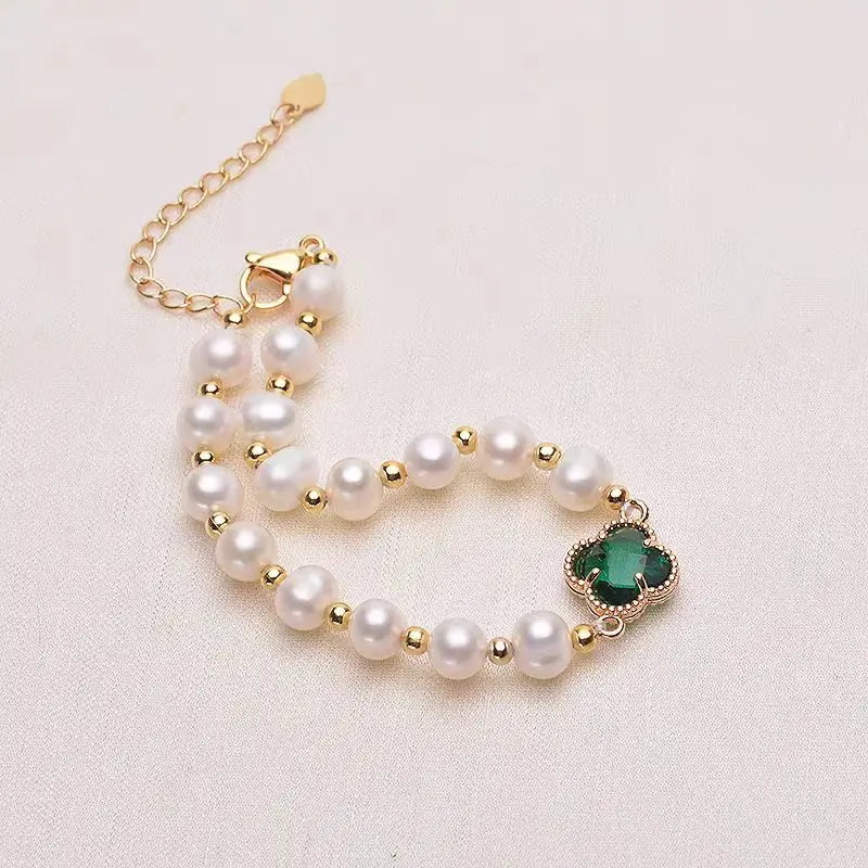 LU  5-6Mm Natural Freshwater Pearl, Clover White Bead Bracelet