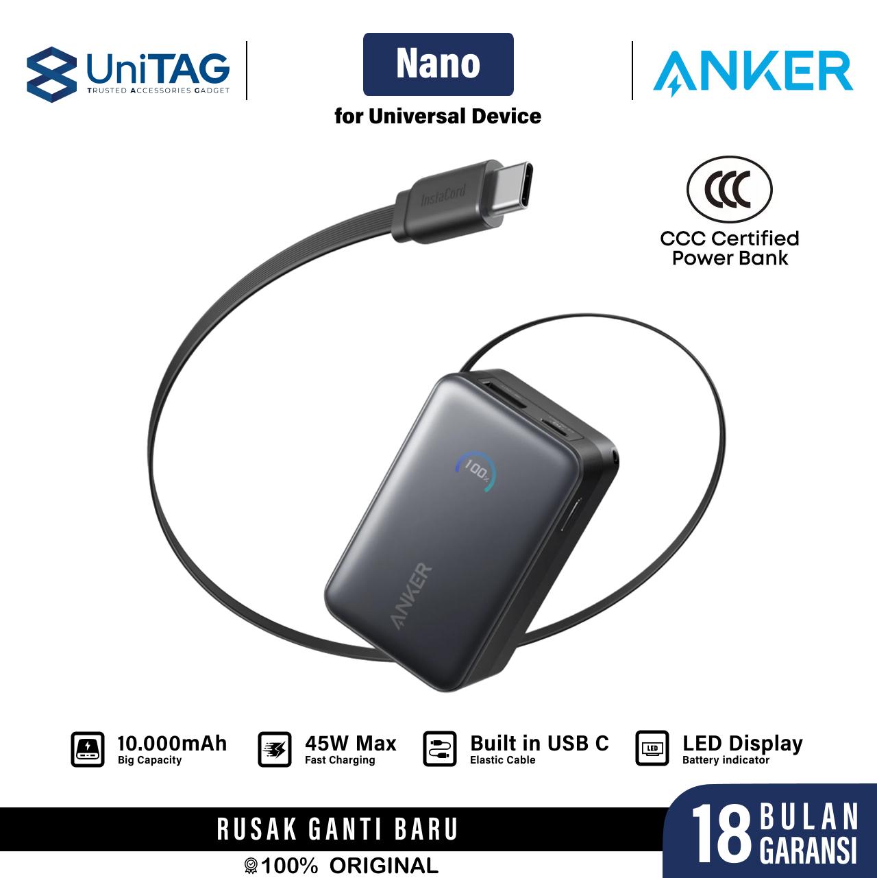 Anker Powerbank Built-in USB C Retractable Cable 10000mAh Nano - White A1638H21