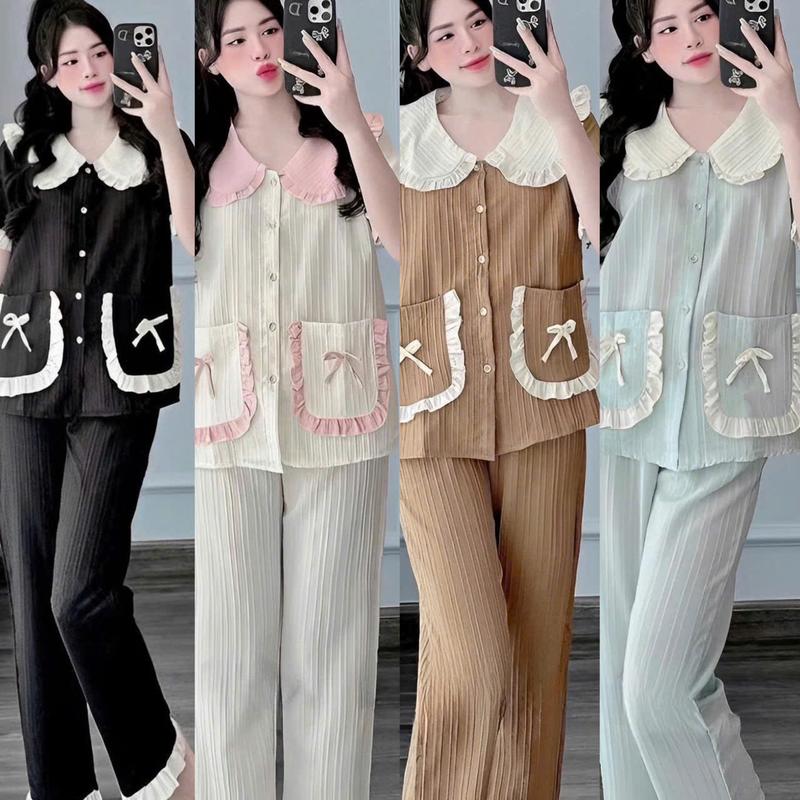 Đồ Bộ - Đồ Ngủ Tay Ngắn Quần Dài Vân Sóng Nơ Phối Cổ Bèo Tiểu Thư Pijama Bigsize 50-100kg Bộ Ngủ Nữ Áo Ngủ Women Quần Ngủ - A.5442