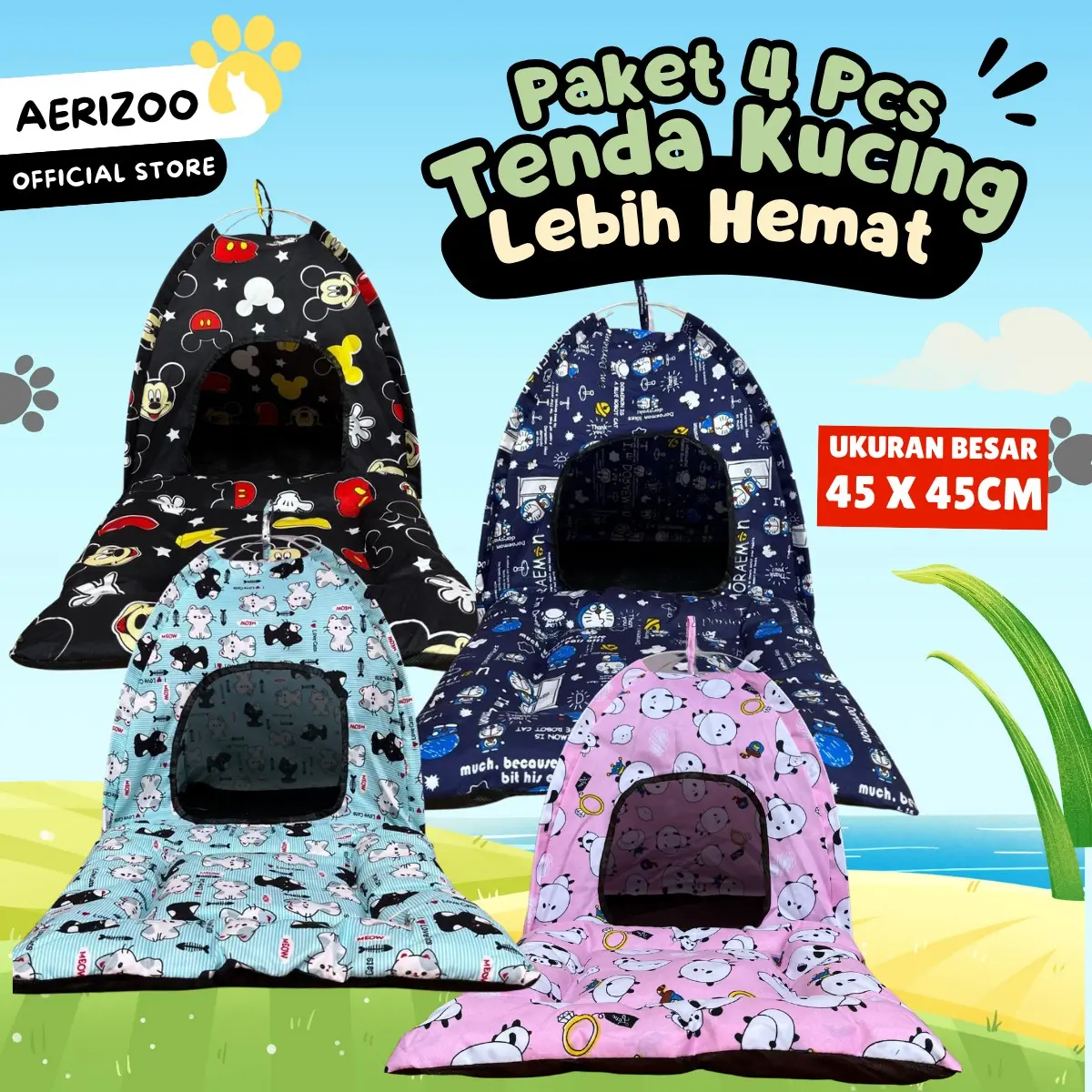 Paket Tenda Tempat Tidur Kucing Aerizoo Isi 4pcs Warna Warni Banyak Motif Include Bantal