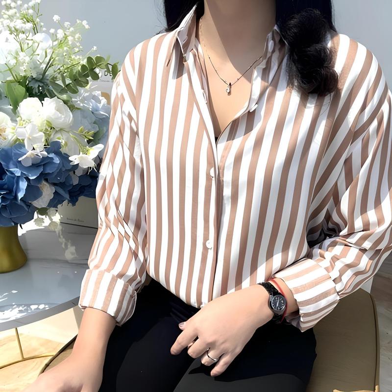 OGM - Outfit Kemeja Wanita Motif Salur Stripe Poly Rayon Nyaman Kekinian 1