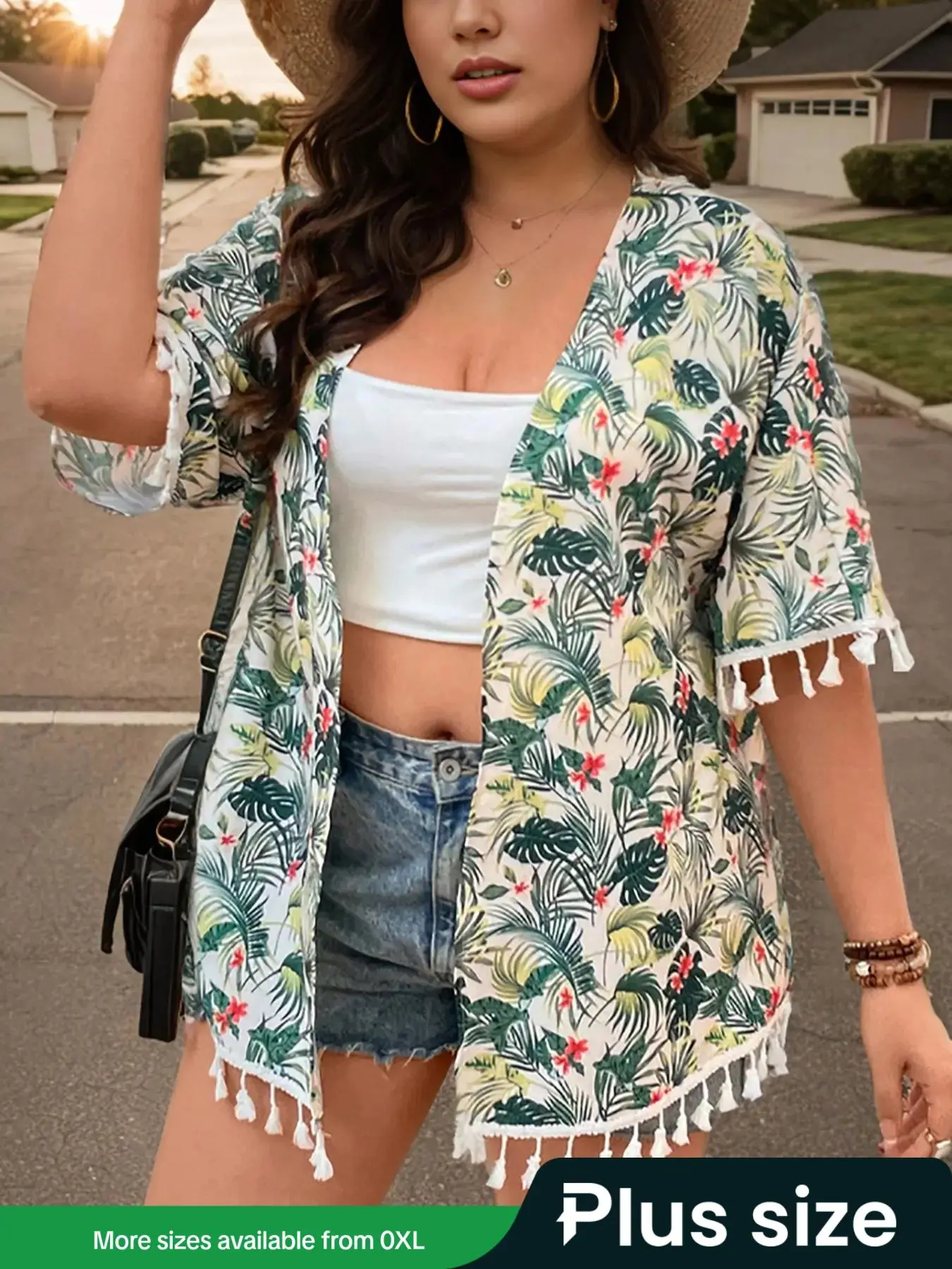 【Plus Size】 Plants Print Tassel Trim Open Front Blouse, Casual Short Sleeve Top for Spring, Women's Clothes for Daily Wear