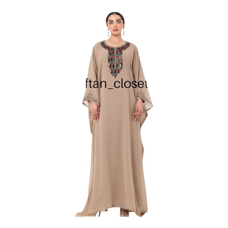 Kaftan Closet SG- Marbella available pistachio green, black & taupe with a fusion contrast style stonework handbeaded custom made kaftan. 5