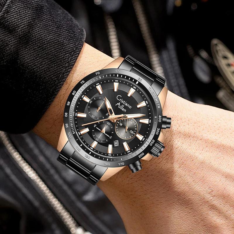 Cristiano Aillen Jam Tangan Pria Analog 8891 Rantai Stainless Steel Chronograph Kaca Sapphire Water Resistant 3 ATM Watches Waterproof 2