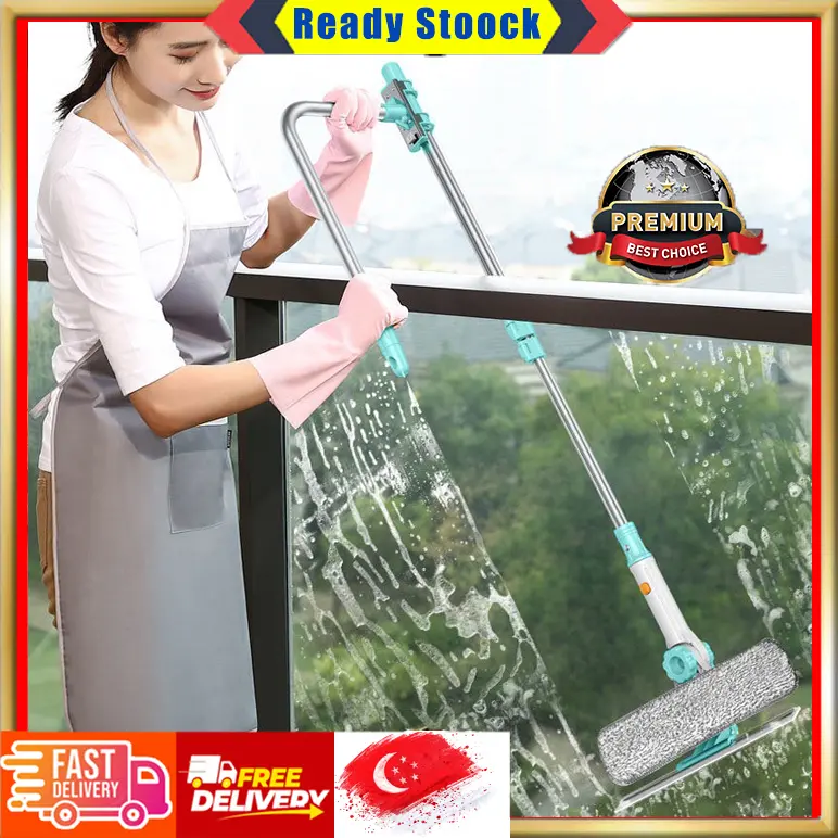 【SG Seller 】Telescopic Window Cleaner Building Retractable Pole Window Device Washing Dust Brush Double Faced Glass Spin Scraper Wiper Cleaning Silicone Steel Aluminium