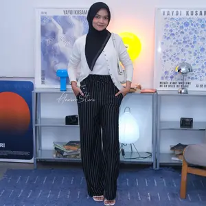 Haziera - Everyday Pants - Stripe Pants Bangkok - Celana Panjang Wanita Baggy Kantor Kuliah Motif Garis Kulot Pinstripe - Celana Casual formal Wanita Loose Basic