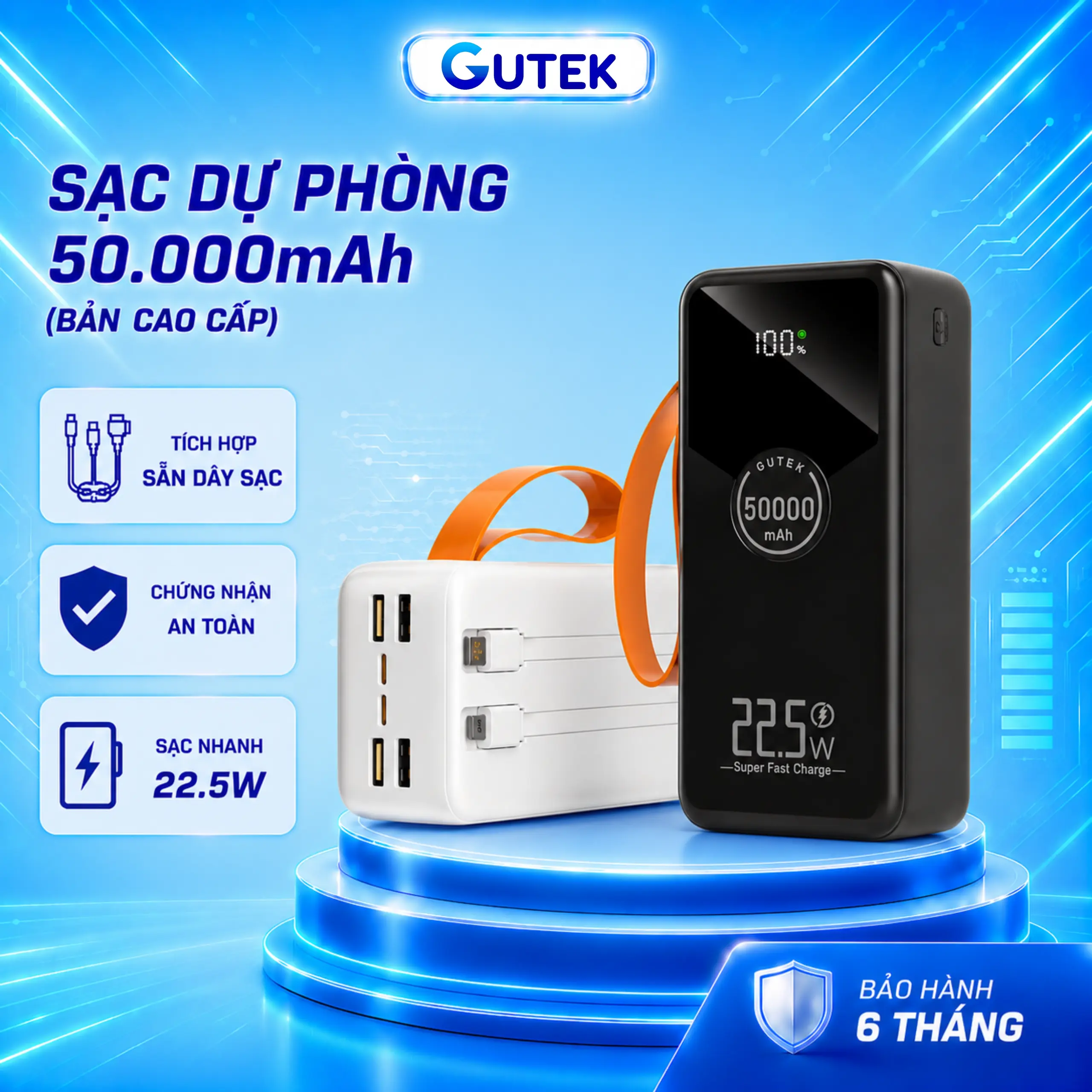 Sạc dự phòng in 50000mah Sạc nhanh 22,5W dung lượng lớn có sẵn dây sạc - Gutek GT230