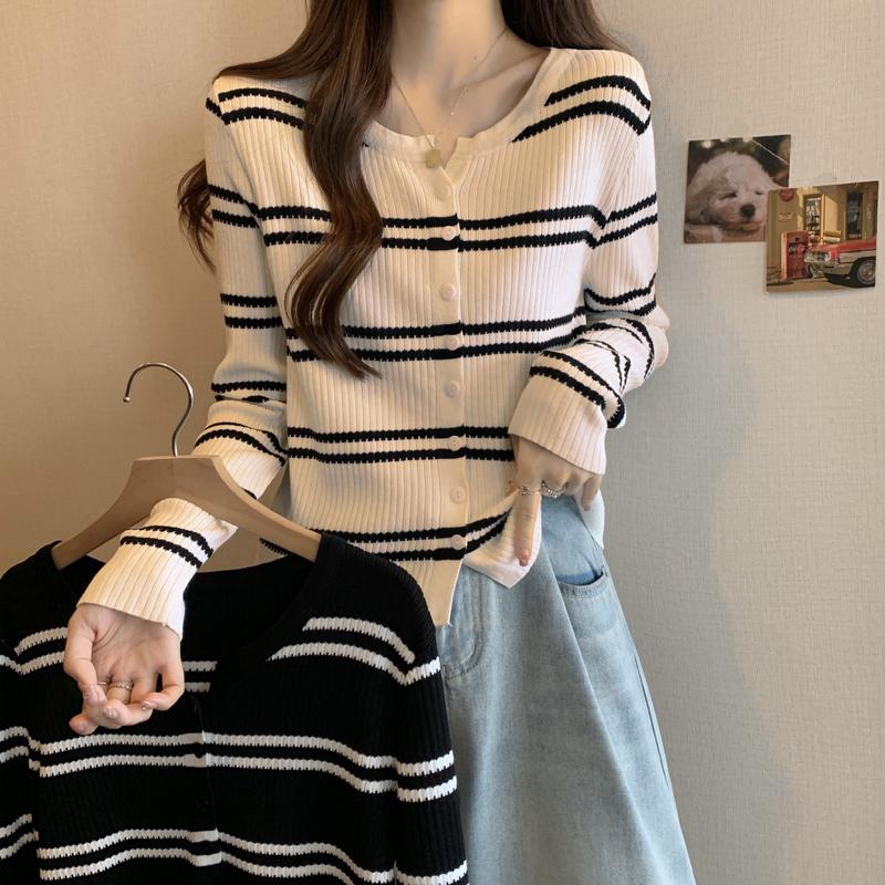 Áo Cardigan Dệt Kim, Thời Trang Thường Ngày Cổ Tròn, Áo Len Cropped Xén, Dành Cho Nữ, Bộ Sưu Tập Mùa Xuân Và Mùa Thu, Với Thiết Kế Sọc 5