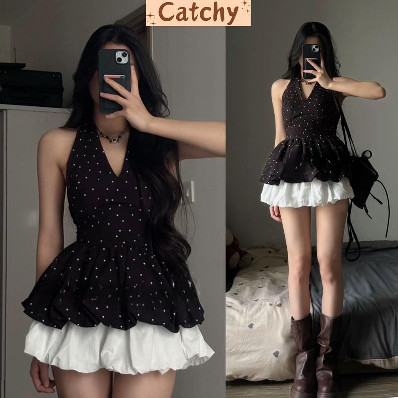 Set Áo Yếm Peplum Chấm Bi Cổ V Lưng Hở Mix Chân Váy Bí Phồng Trắng Sẵn Mút Đi Chơi Xinh Xắn CATCHYstore