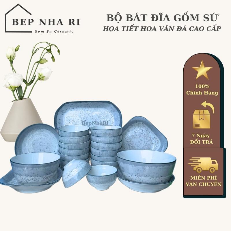 [ BepNhaRi ] Bộ bát đĩa Gốm Sứ Họa tiết Vân Đá Xanh sang trọng - decor trang trí nhà cửa