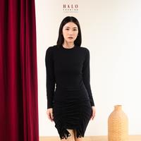 Gambar [HaloFashion] Milan Sexy Dress Tali Serut Ruffle Bodycon Mini Dress Crew Neck Long Sleeve Baju Korean Style Casual Wanita - Black, S dari HaloFashion Kab. Tangerang 1 Tokopedia