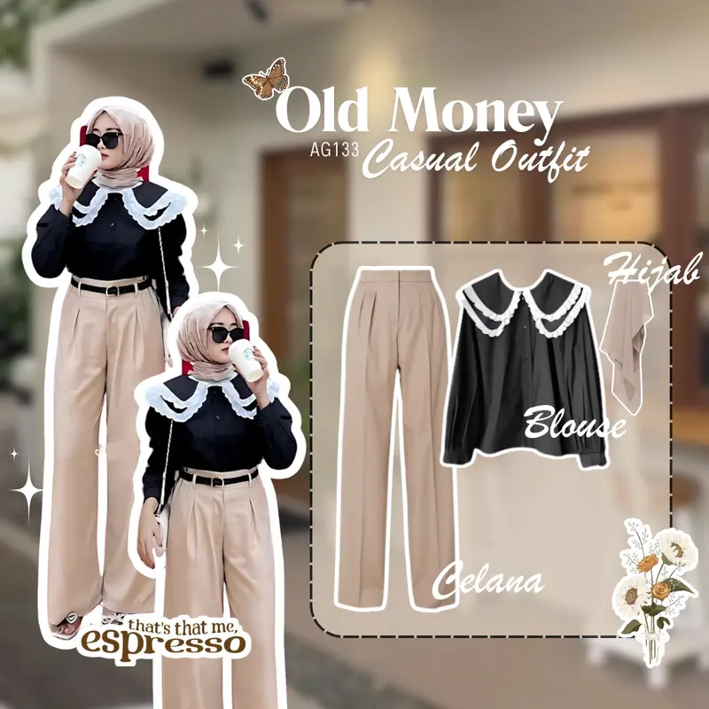 Outfit Set Wanita Korean Style 3in1 Blouse Hitam Set Rok Mokka SET AG133 Baju Celana Crinkle Setelan Atasan Casual Katun Kerja Remaja Simple 0