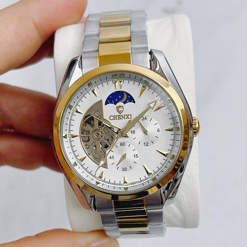 Đồng hồ cơ nam đẹp Automatic chính hãng CHENXI, sang trọng lịch lãm, mặt kính sapphire, dây thép đúc, chạy 6 kim, chống nước 3ATM, Đeo Tay Watch Caro đồnghồcơ khí