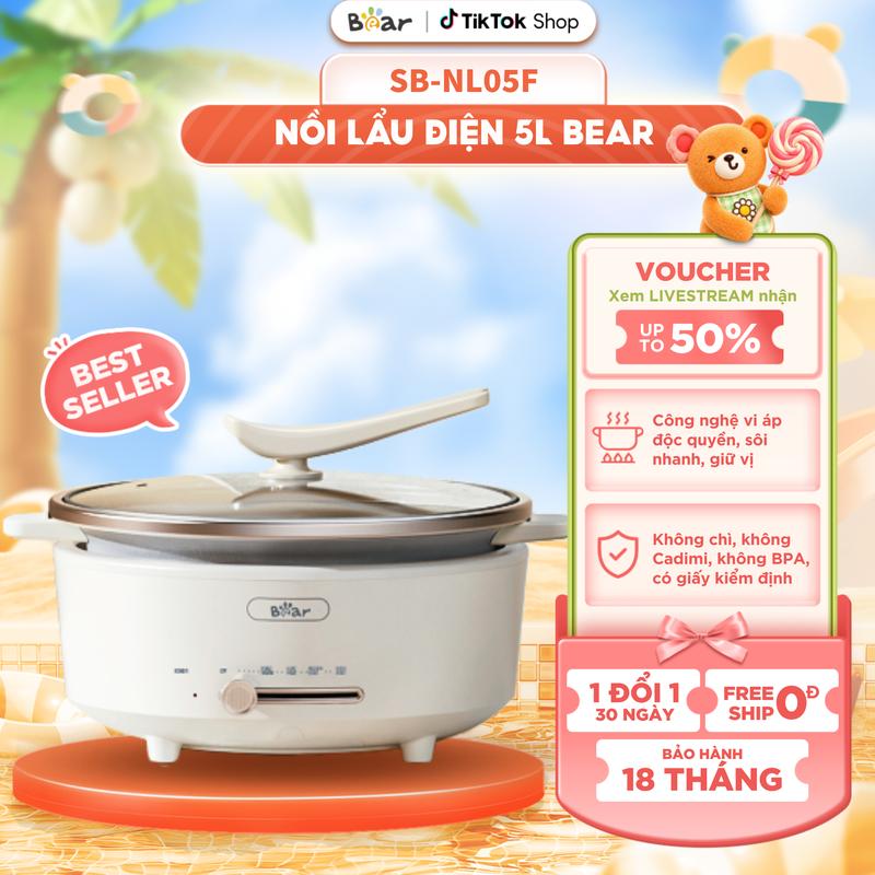 Nồi lẩu điện đa năng Bear 5L SB-NL05F ( ) - Nồi điện đế rời công suất 1500W nhanh sôi, lòng nồi chống dính