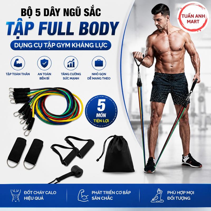 Bộ 5 dây ngũ sắc tập Full Body - Dụng cụ tập Gym kháng lực