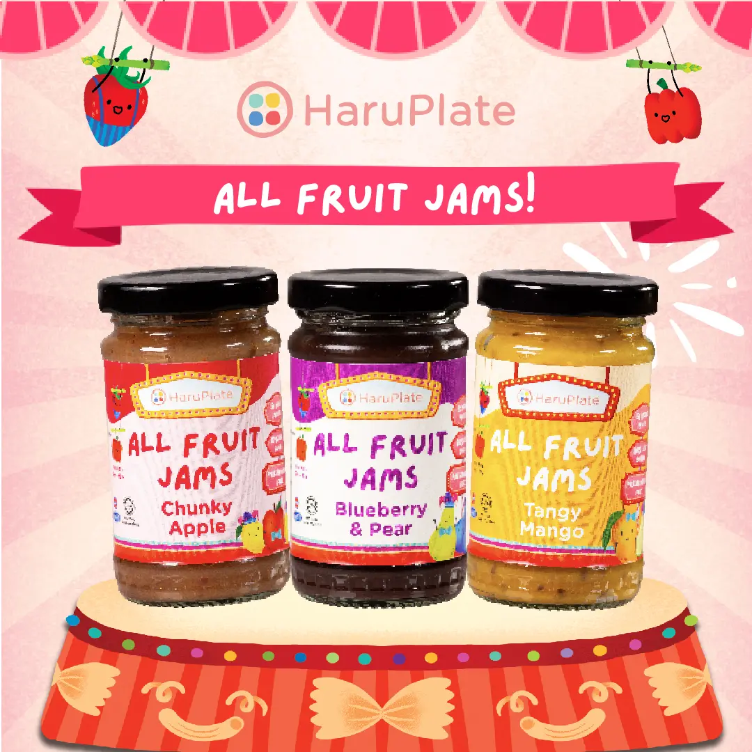 HaruPlate All Fruit Jams for Kids & Babies (Blueberry & Pear, Chunky Apple, Tangy Mango) - No Salt, No Sugar, No Preservatives, Halal Certified. More than 300g of fruit per jar!
