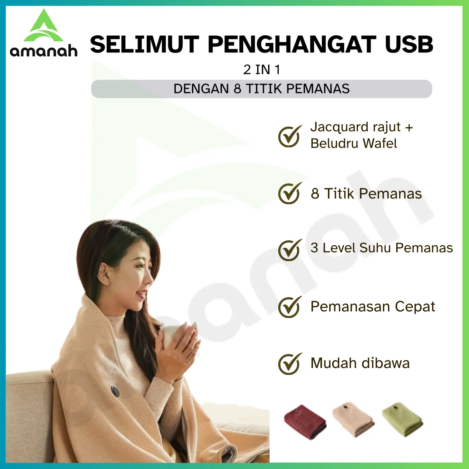 Amanah Selimut Penghangat USB Elektrik 140 x 80 cm 3 Level Suhu 8 Titik Pemanas Material Jacquard Rajutan Beludru Lembut Praktis Nyaman Mudah Dibawa