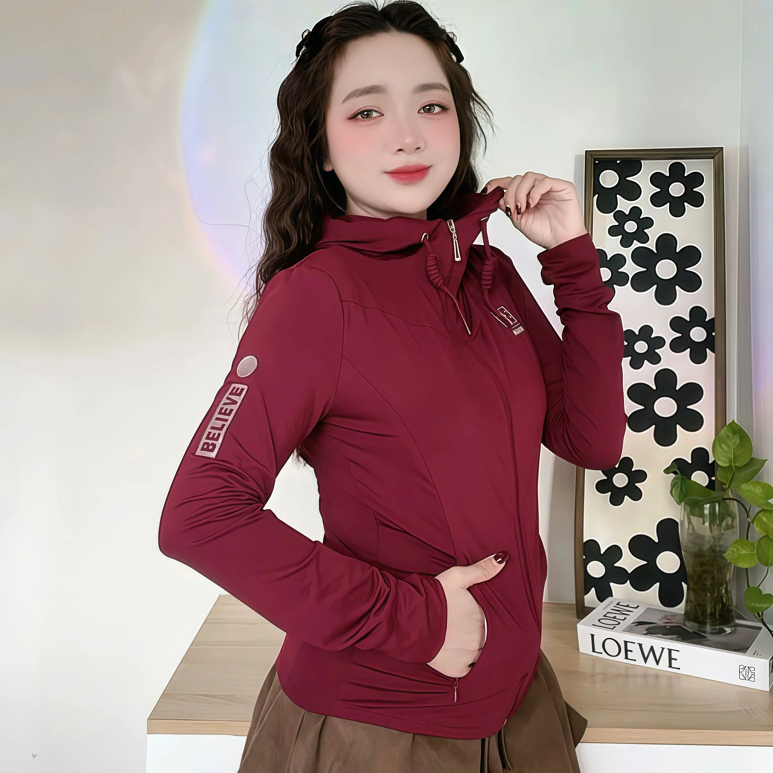 Áo khoác nữ thun lạnh LOGO EB form body, tôn dáng, gym chống tia UV 4 túi