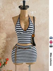 Conjunto de top con tirantes y escote en V para mujer y falda corta, casual para el verano, cómodo para uso diario, ropa elegante para mujer