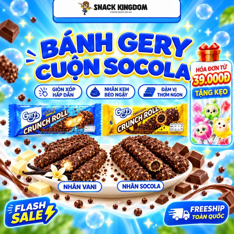 Bánh Cuộn Phủ Socola Gery 23g, Lớp Phủ Socola Béo Thơm Giòn Tan Vương Quốc Đồ Ăn Vặt Snack Kingdom