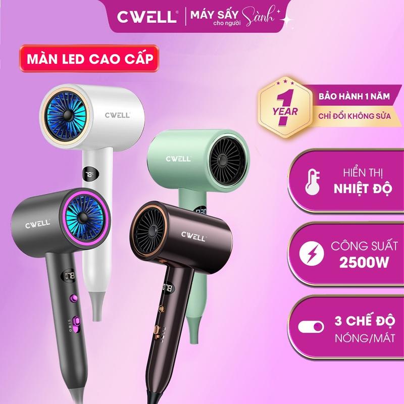 Máy sấy tóc CWELL màn hình LED 2500W giúp tóc khô nhanh sấy 3 chế độ ấm nóng mát LED hiển thị nhiệt độ và tự động điều cân bằng nhiệt khi quá nóng dây 1,7m C08HD - BH 12 THÁNG