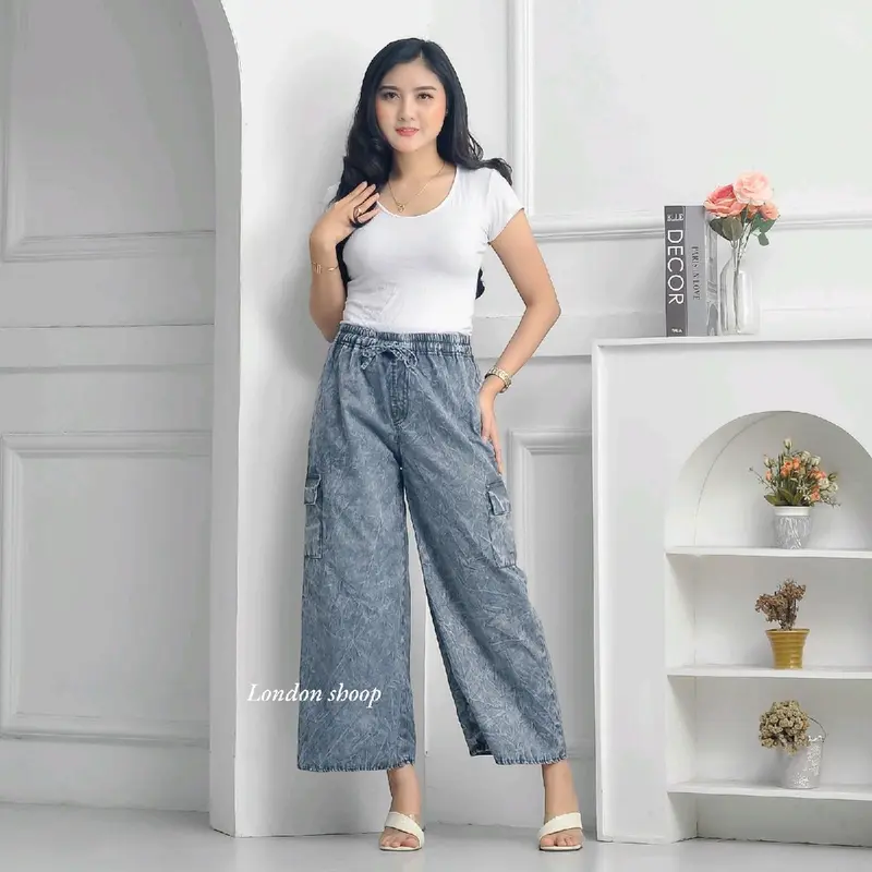 CELANA KULOT WANITA CARGO DEWASA SETANDAR BAHAN SEMI JEANS BB 40-55KG PANJANG 90CM PINGGANG FULL KARET 2