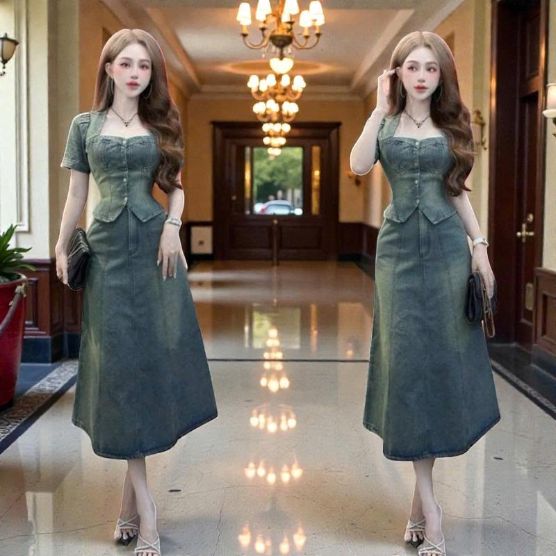 CZT Set áo váy jeans S6026 gồm áo kiểu tay ngắn và chân váy dáng suông để đi chơi Áo tay ngắn Chân váy sét đồ nữ xinh