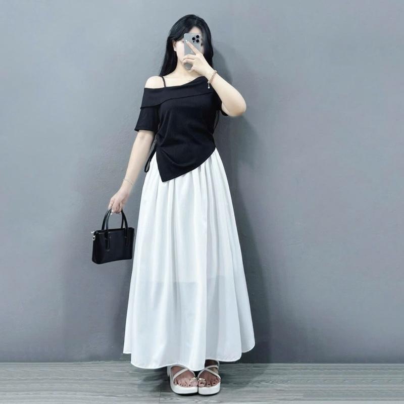 Set Áo Váy Trẻ Trung Bigsize Nữ CÓ LẺ ÁO VÁY Áo Trễ Vai Vạt Chéo Kèm Dây Rút Phối Váy Dài 90Cm Nữ Tính Cho Nữ Chuppy 55-92Kg - G213 CV15