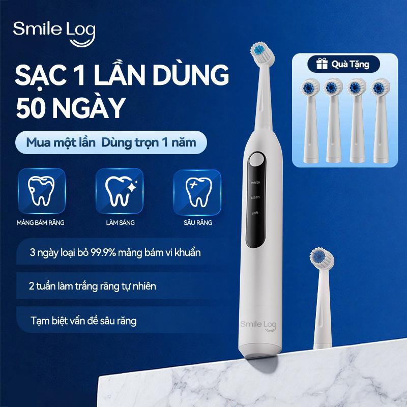 Bàn chải đánh răng điện Smile Log 2.0 với đầu tròn có thể thay thế, nhiều chế độ chăm sóc nướu, làm sạch sâu 360°, hiệu quả loại bỏ cao răng, chống nước IPX7, thời lượng pin 50 ngày, bàn chải rung dao động thông minh