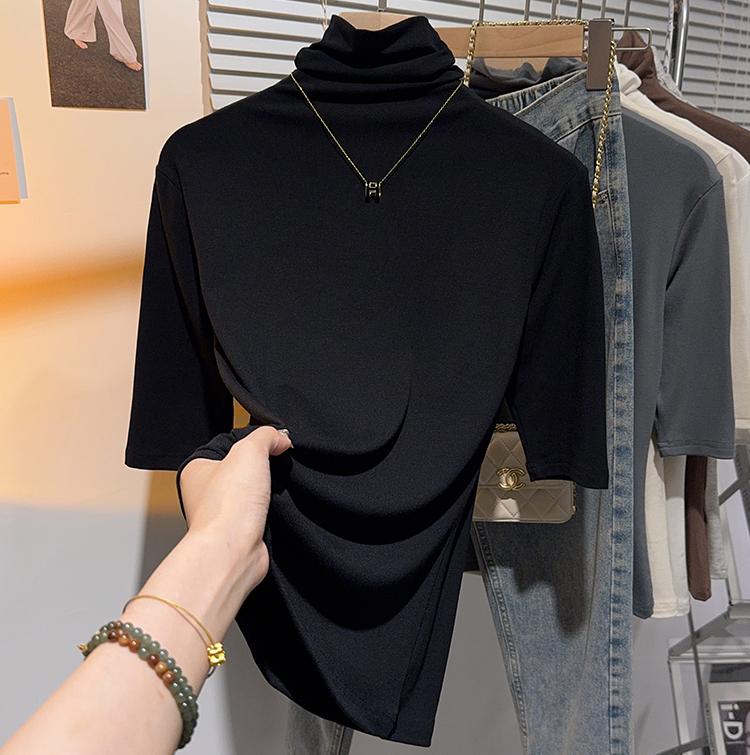 Product Introduction of Shoulder-length black half-high neck mid-sleeve t-shirt women's pre-fall 2024 undershirt with five-quarter sleeve top 8