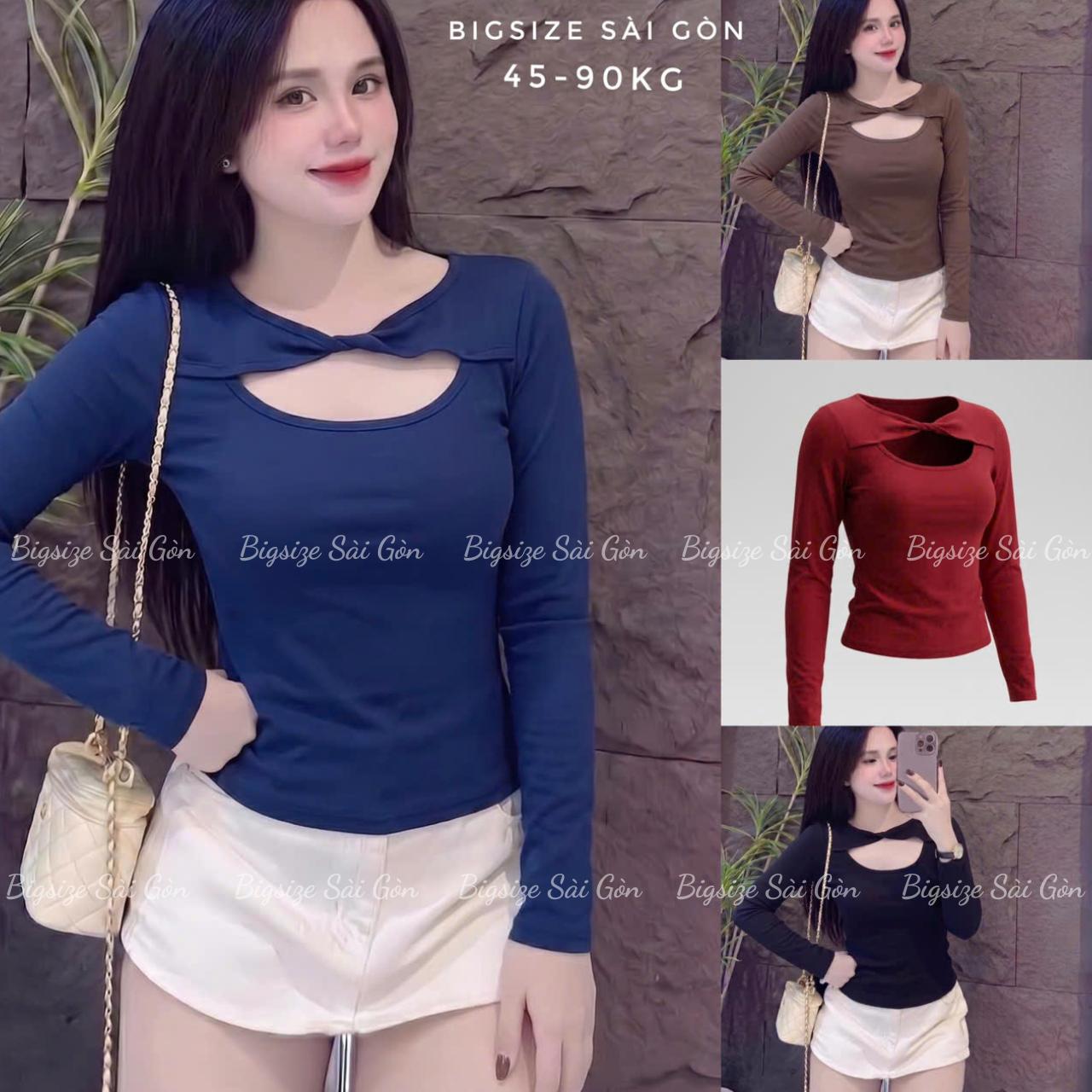 Bigsize Sài Gòn Áo Thun Nữ Tay Dài Phối Xoắn Ngực Basic (Vải Borit Cotton Qc) Cao Cấp Thanh Lịch Bigsize 45–90kg Dễ Thương Nữ Women Top Nhung - B.1703