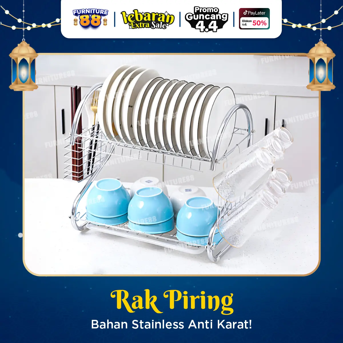 FURNITURE88 - Rak Piring Gelas Sendok Garpu Bahan Besi Stainless Steel Minimalis 2 Susun BISA COD