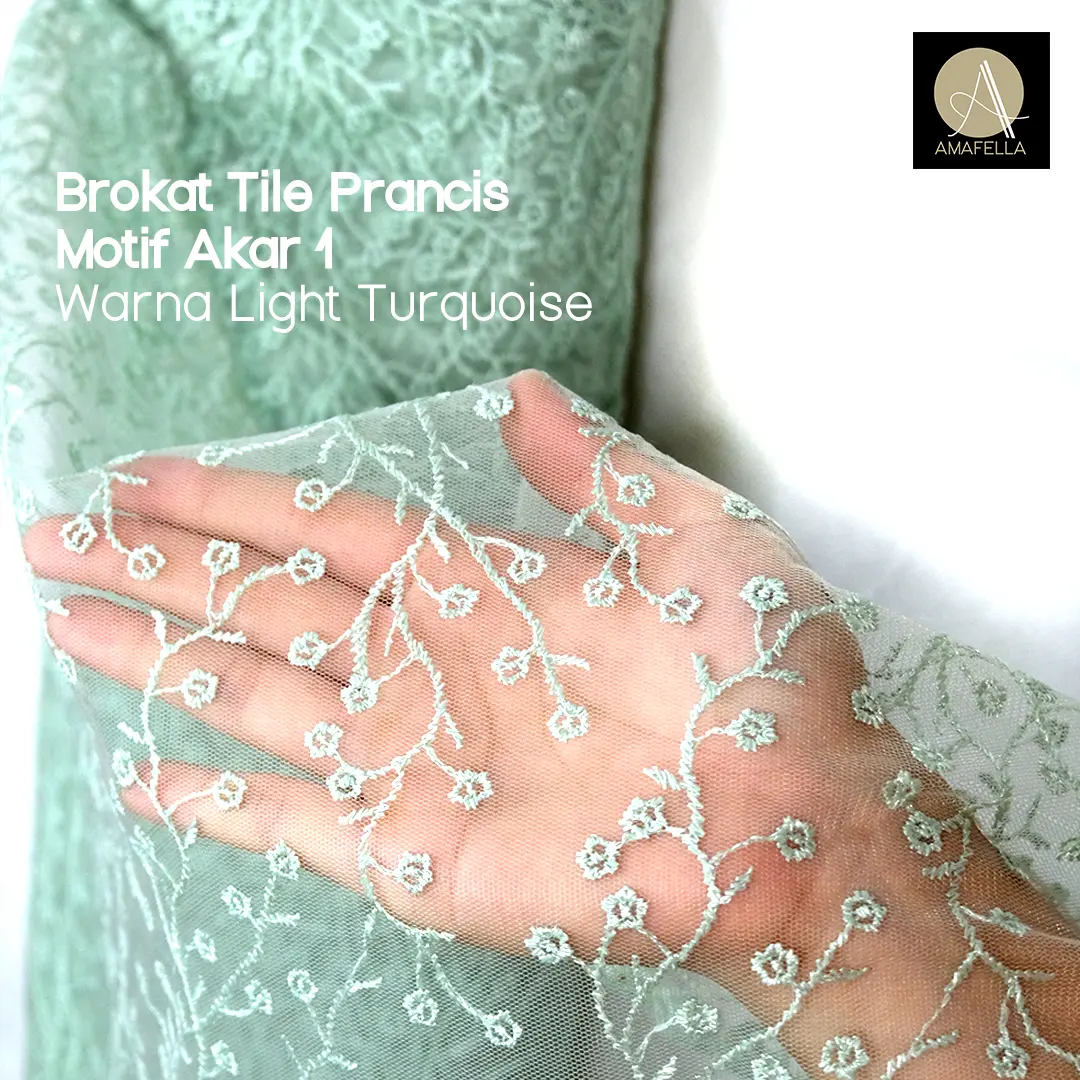 1/2 meter Kain Brokat Brukat Tile Prancis Kebaya Motif Akar Turquoise
