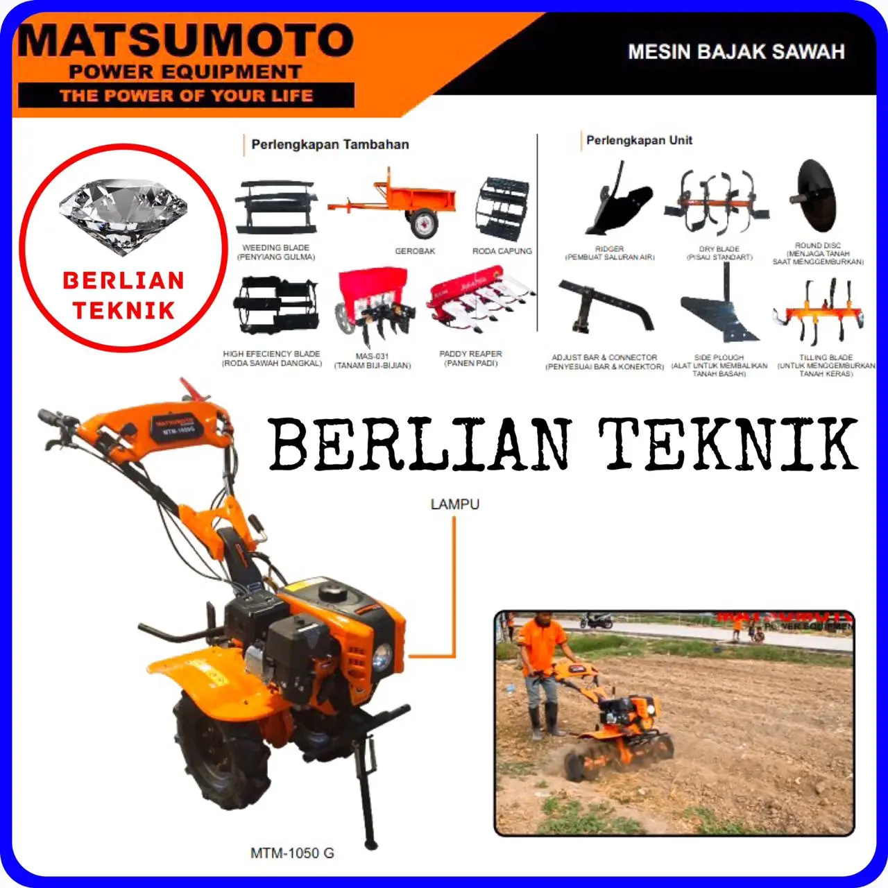 Traktor Sawah Tiller Matsumoto MTM 1050 G lengkap Mesin Bensin 8 HP