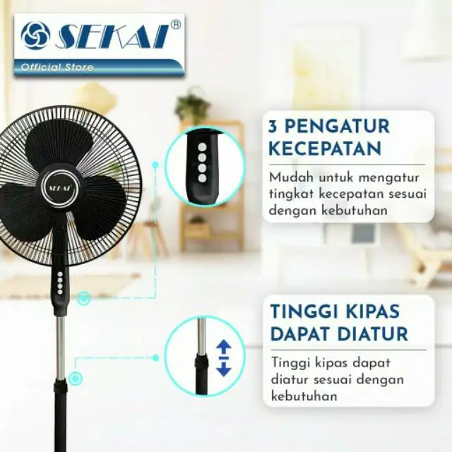 SEKAI SFN-1620 Stand Fan 16 Inch Kipas Angin  Listrik Berdiri Tumpu Hemat Listrik Bergaransi 2