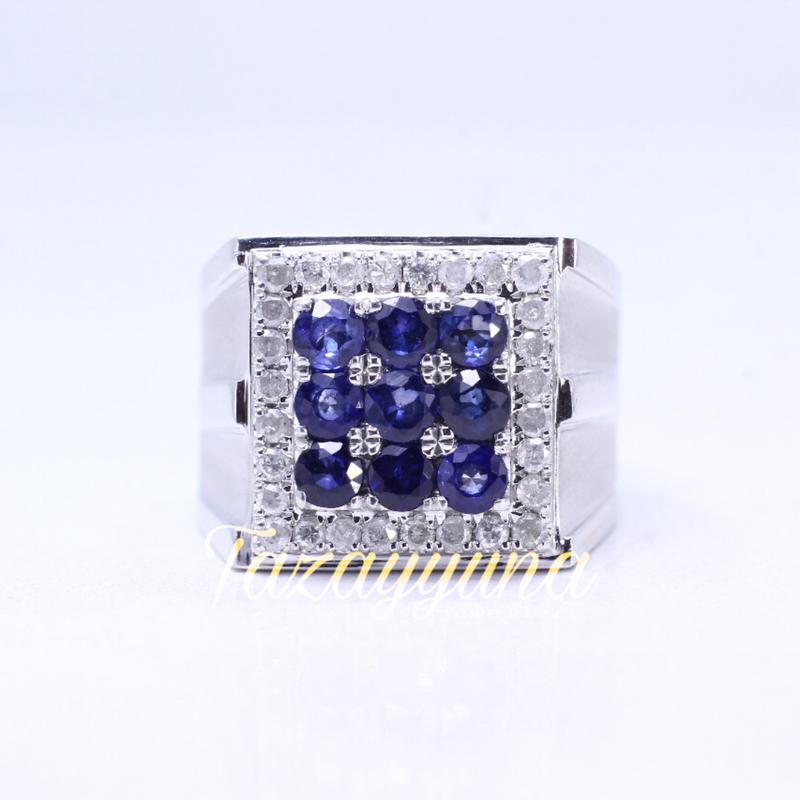 CINCIN PERAK PRIA BLUE SAFIR SAMPING NATURAL BERLIAN EROPA TJ024 0